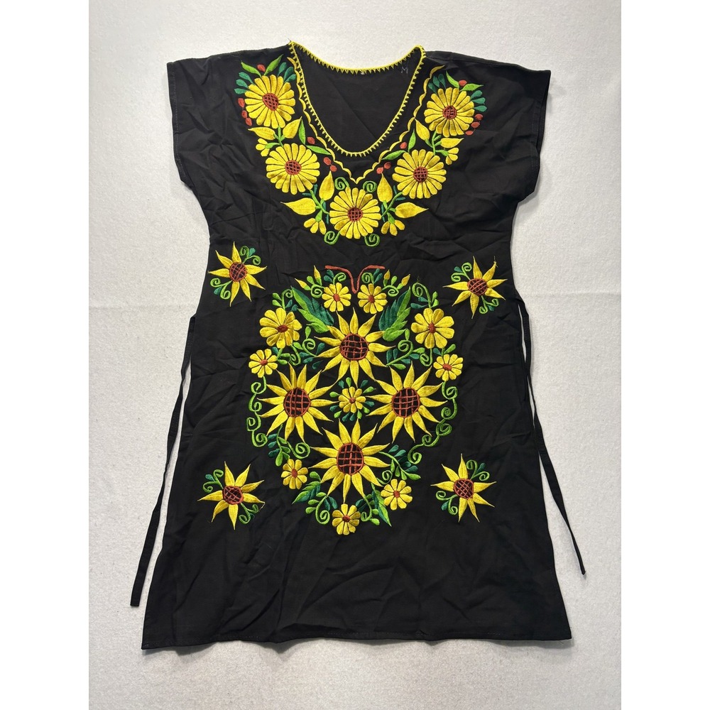 Dress Womens Medium Black Embroidered Sunflower V Neck Boho Shift Short